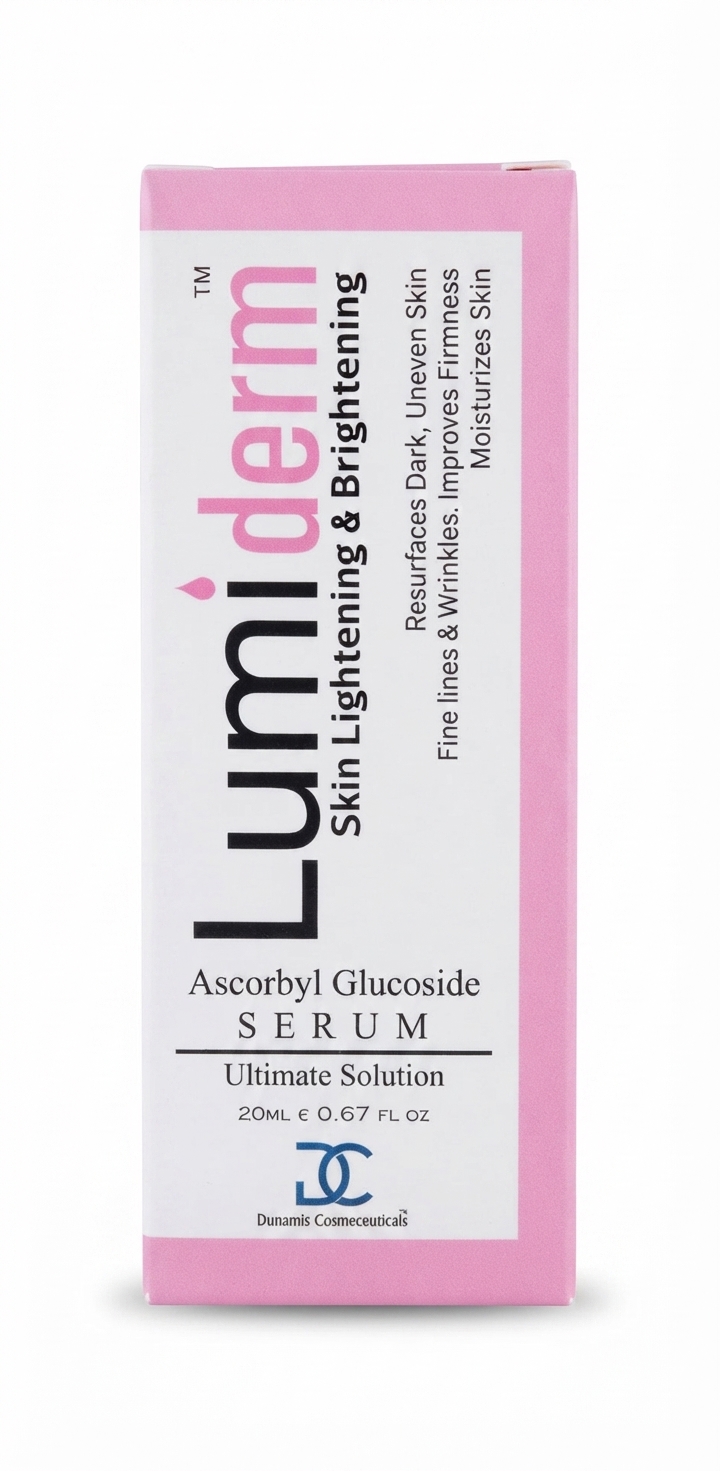 Lumiderm Ascorbyl Glucoside Serum 20ml bottle and packaging box for skin brightening, resurfacing dark spots, and reducing fine lines