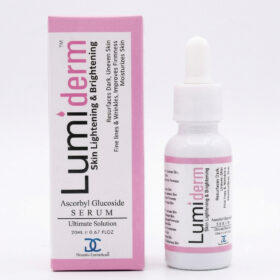 Lumiderm Ascorbyl Glucoside Serum 20ml bottle and packaging box for skin brightening, resurfacing dark spots, and reducing fine lines