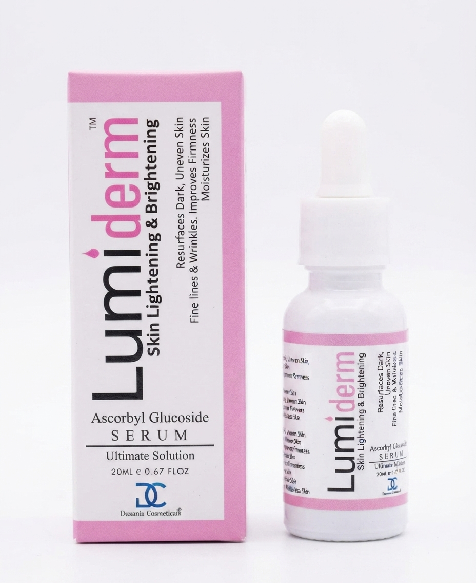 Lumiderm Ascorbyl Glucoside Serum 20ml bottle and packaging box for skin brightening, resurfacing dark spots, and reducing fine lines