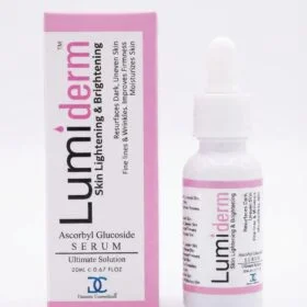 Lumiderm Ascorbyl Glucoside Serum 20ml bottle and packaging box for skin brightening, resurfacing dark spots, and reducing fine lines
